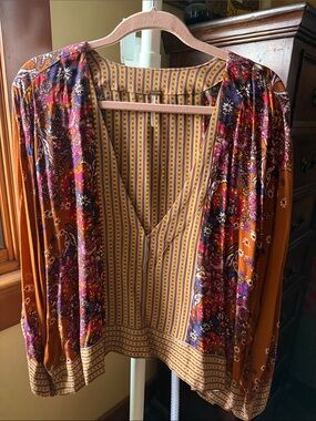 Free People Rust Floral V-neck Blouse